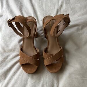 Sun + Stone Brown Block Heel Platform Sandals